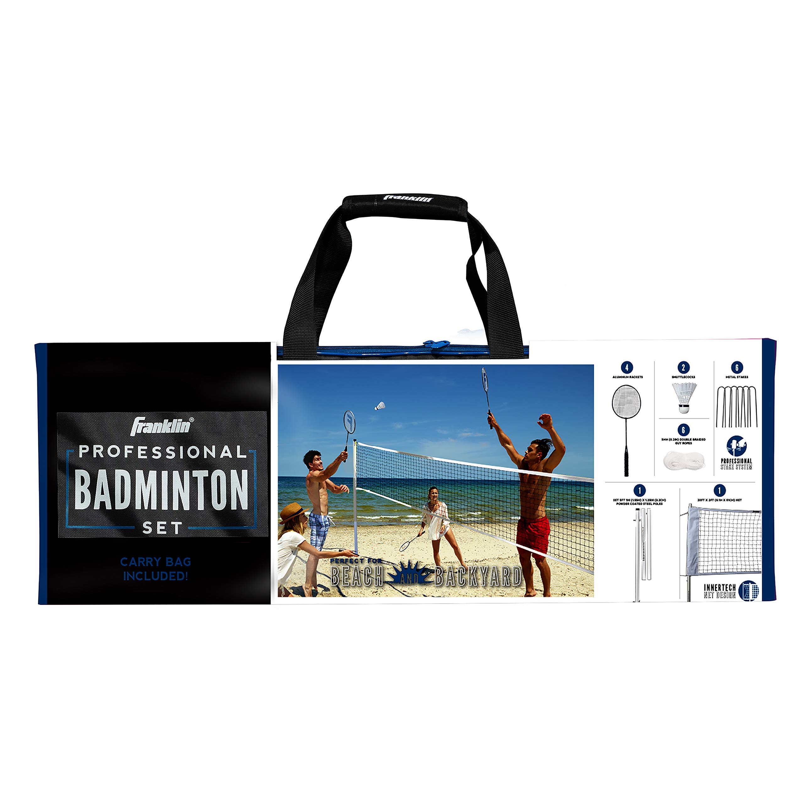 Franklin Sports Badminton Net Sets - Outdoor Backyard + Beach Badminton Net + Equipment Set - (4) Rackets + (2) Birdies + Portable Net Included - Adults + Kids Set
