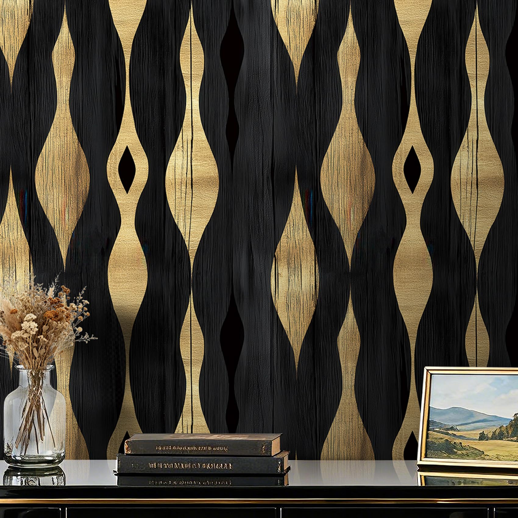 Photo 1 of ReWallpaper Black and Gold Art Deco Wallpaper Peel and Stick Removable Modern Abstract Wave Geometric Wallpaper for Living Room TV Backdrop Bedroom Accent Wall Rental Home Easy Install 17.5in X 10ft
