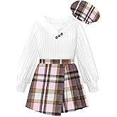 TALLWH Girls Clothes Skirt Sets V-neck Jacquard Puff Sleeve Shirts Top Plaid Mini Skirt Shorts Girls Outfits with Beret 7-14Y