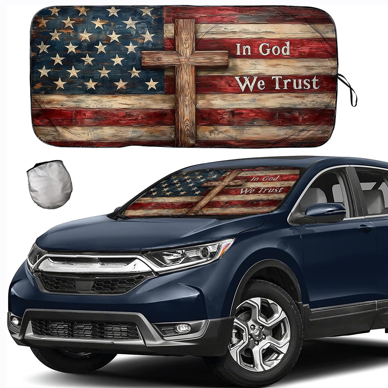 Photo 1 of [2025 Upgrade] TDCQQGQQ Windshield Sunshade, American Flag with Wooden Cross Design, “in God We Trust,” UV Protection and Heat Reduction, Car Sunshade for Trucks, SUVs, and Cars,63 L x 34" W