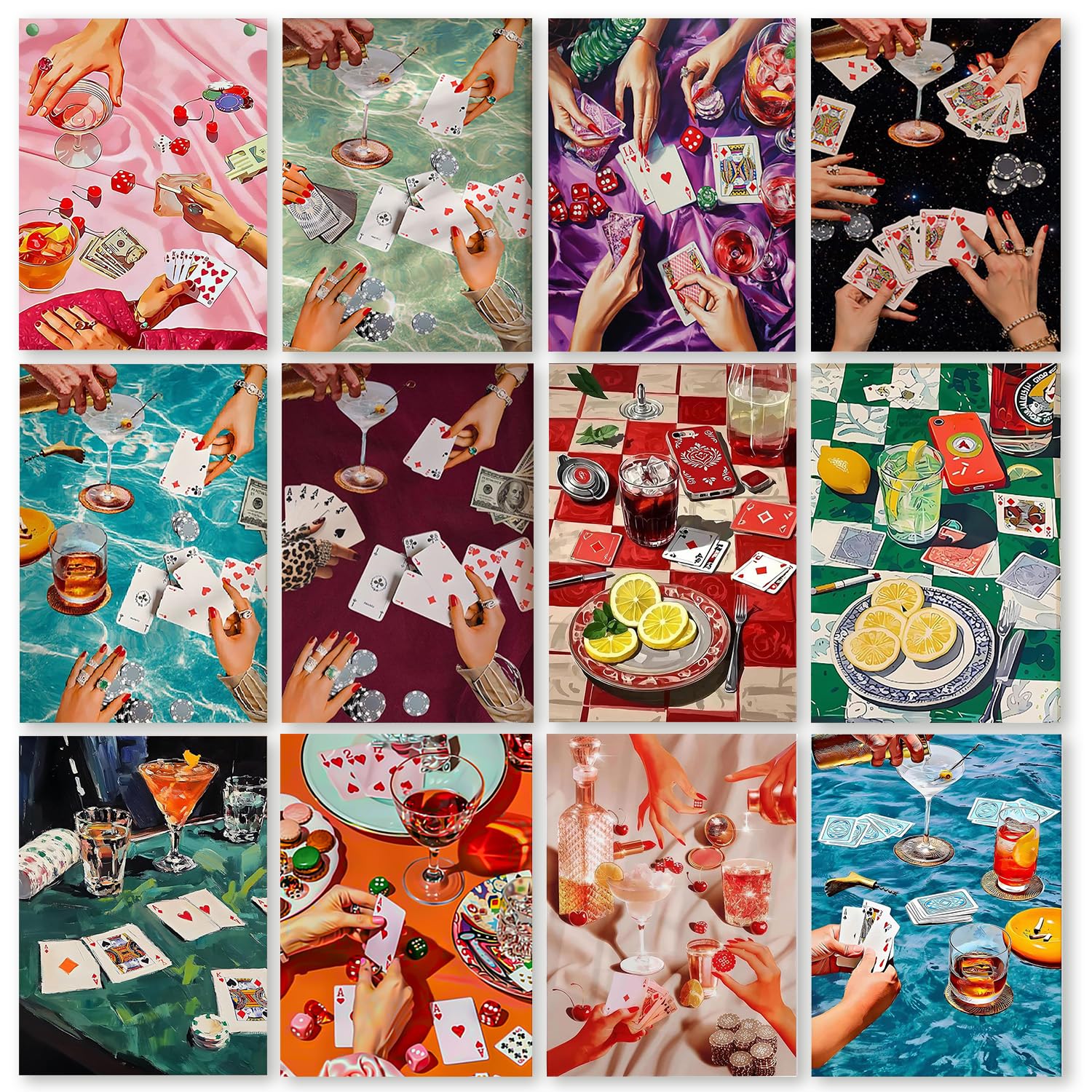 12 Pack Vintage Poker Diamond Art Kits for Adults Beginner,DIY Modern Diamond Painting 5D Round Full Drill Diamond Dots Gem Art Crafts with Tools,Funny Crafts for Home Wall Decor&Gift-12x16in Image