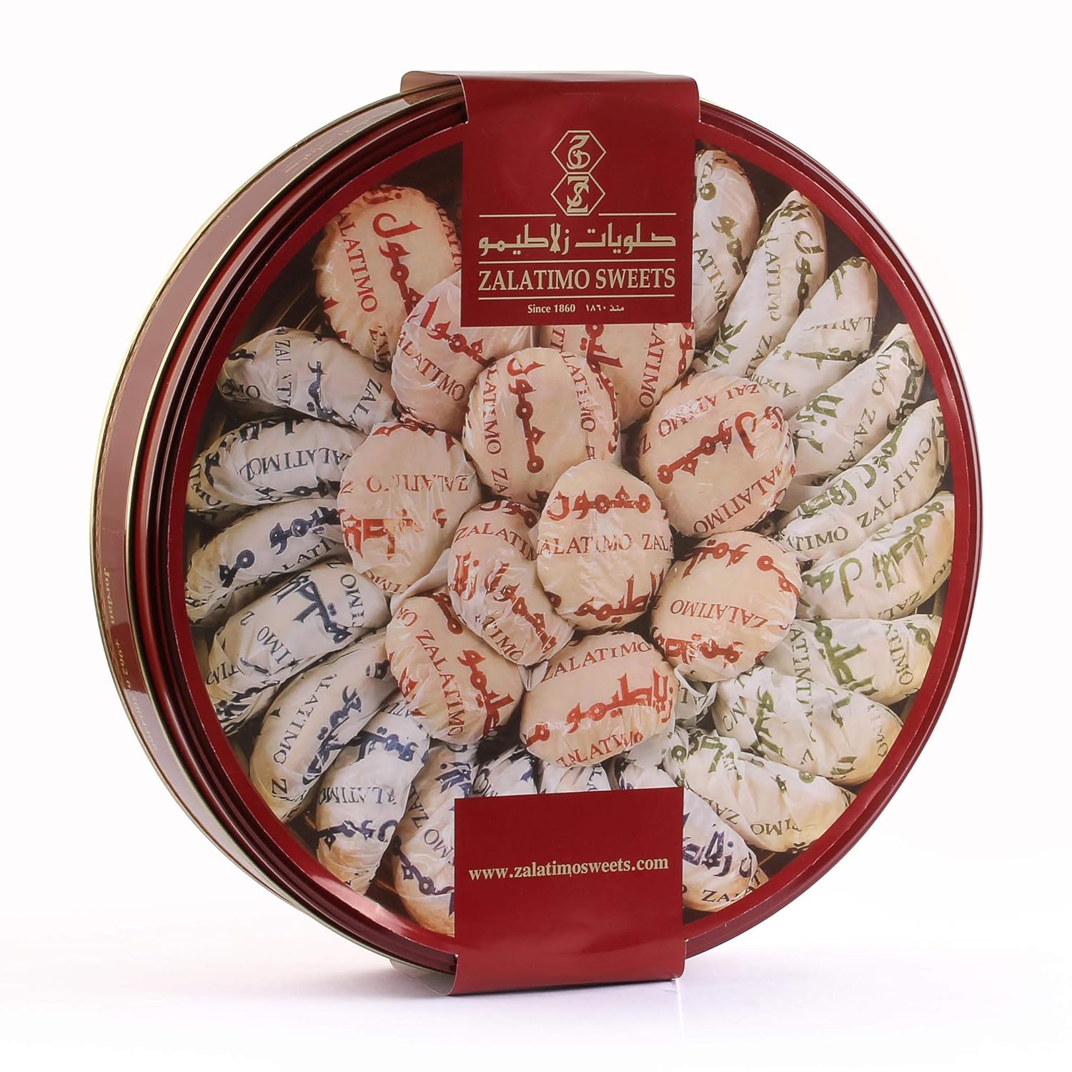 Zalatimo Sweets Since 1860, 100% All-Natural Assorted Mamoul Round Gift Tin Shortbread Biscuits, Slightly Sweet, Pistachio, Walnuts, Dates, No Preservatives, No Corn Starch, No Syrups! 2.2 LB