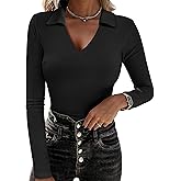 ANRABESS Women Long Sleeve Polo Shirts V Neck Slim Rib Knit Collared Dressy Business Casual Top 2025 Basic Tee Fall Outfits
