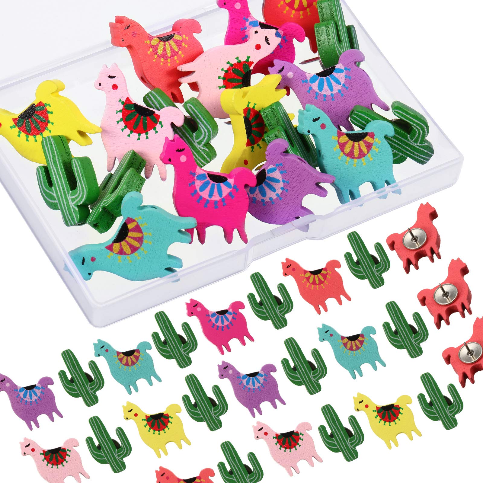 30 Pieces Wooden Push Pins Llama Alpaca Cactus Thumb Tack Decorative Cute Pushpins for Photos Wall, Maps, Bulletin Board or Cork Boards