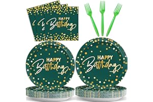 Wiooffen 96PCS Green Gold Birthday Paper Plates and Napkins Party Supplies Happy Birthday Party Decorations Disposable Birthday Party Tableware Dinnerware Set for Women Men Birthday Serves 24 Guests