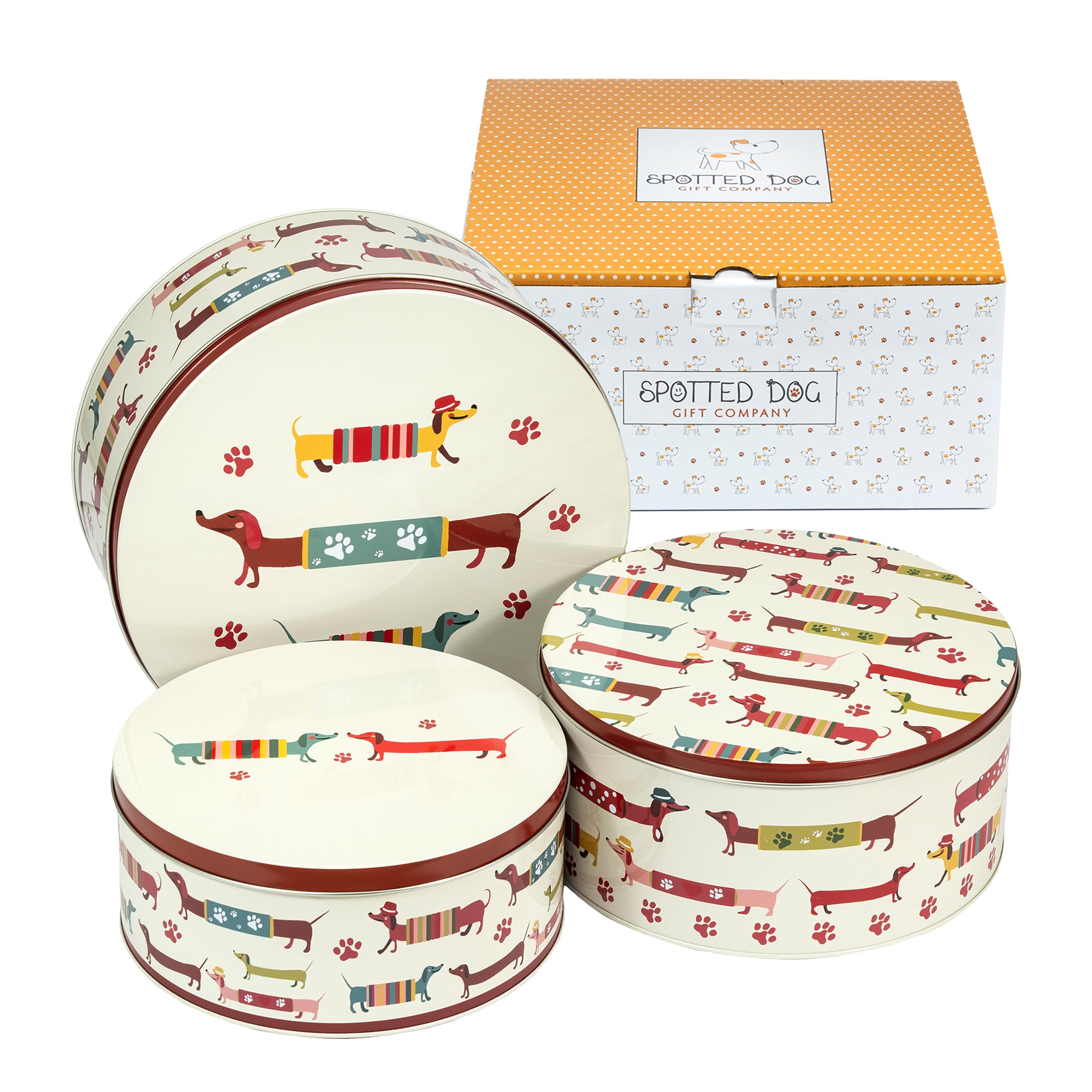 SPOTTED DOG GIFT COMPANY Cake Tin Storage Set of 3, Round Nesting Cake Tins for Storing Cakes Biscuits, Stackable Airtight Biscuit Containers, Sausage Dog Themed Gifts, Large Medium Small