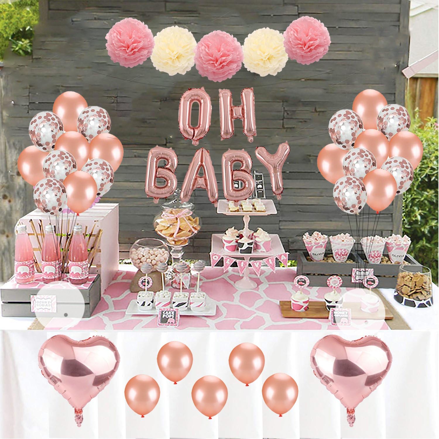 Kwayi Baby Shower Decoration Set, Rose Gold Theme Baby Shower Decoration With OH BABY Banner Rose Gold Balloon And Tissue Paper Pom Poms Toal 35PCS For Baby Shower Party Decoration