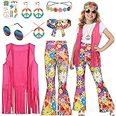 Koatobbor Hippie Costume for Girls Kids 60s 70s Hippie Outfits Set Halloween Party Dress Up