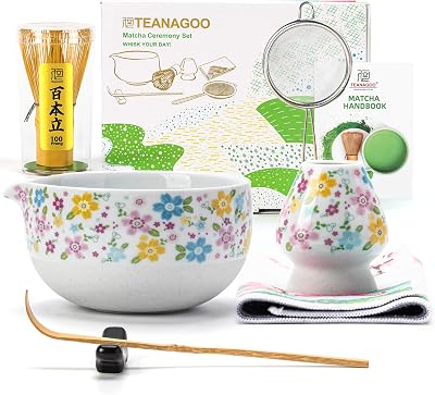 TEANAGOO Matcha Whisk Set 7 Pcs Ceramic Bowl Chawan Gift