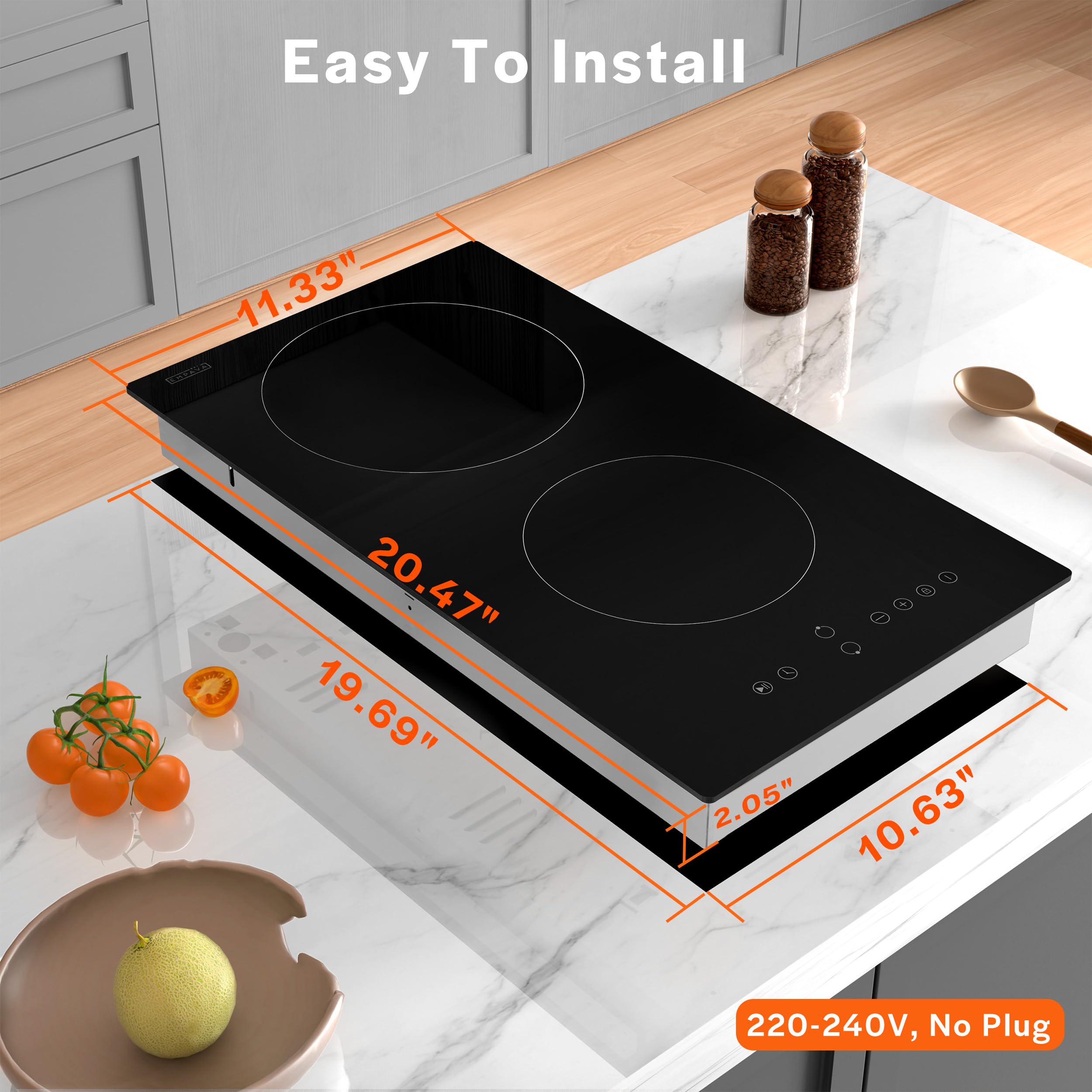 Empava 3000W Cooktop 2 Burner, Built in Infrared Electrical Stove Top for Kitchen 208~240V Hard Wired, No Plug, ETL Certified, Black, 12 Inch Radiant