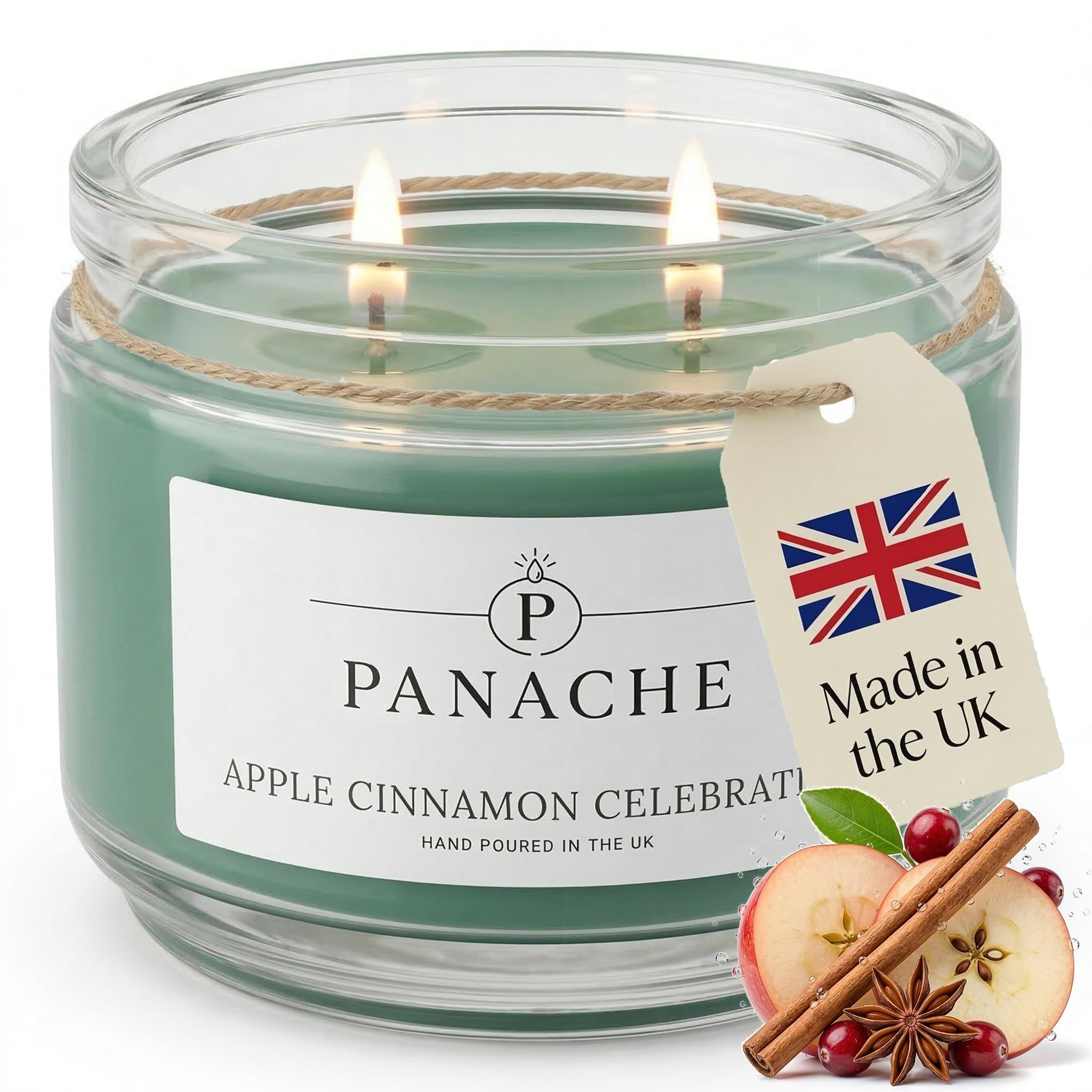 Panache Apple Cinnamon Celebration Scented Candle (Christmas Edition) – Double Wick Soy Wax Candle, 48 Hour Burn Time, Hand Poured in UK, Clean Burning Cotton Wicks, Luxury Glass Jar Candle (320g)