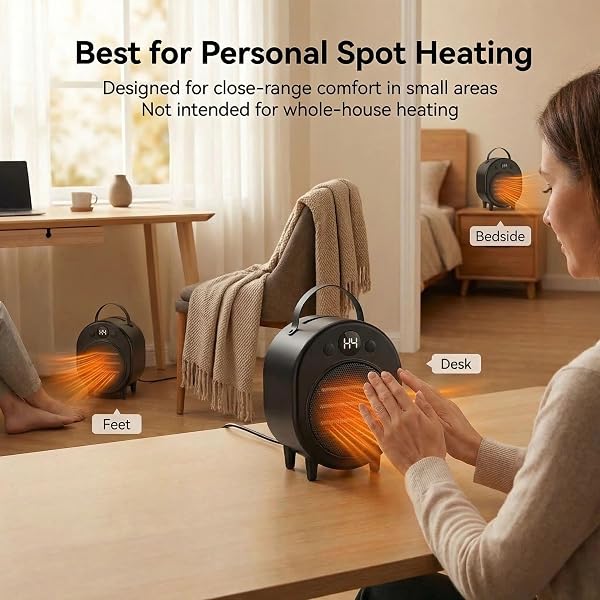 GRAPHENE FAR‑INFRARED MINI SPACE HEATER, 4 MODES 650/750/1000W + 3.5W FAN ONLY, ONE‑BUTTON CONTROL, PORTABLE HANDLE, OVERHEAT PROTECTION, COMPACT PERSONAL DESK & BEDSIDE HEATER, 120V
