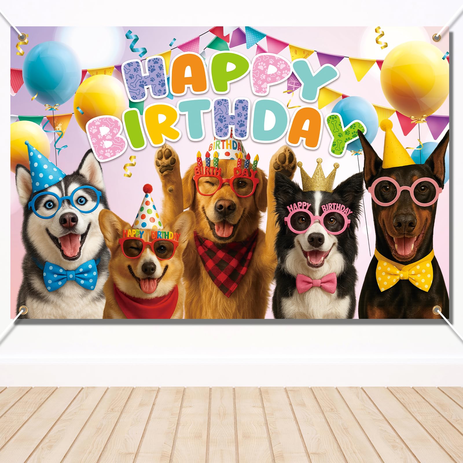 Photo 1 of 59x39.4in Happy Birthday Dog Backdrop, Reusable Polyester Cloth Puppy Photo Banner Backdrop Cute Pet Photo Visual Panel for Indoor Outdoor Party Decorations