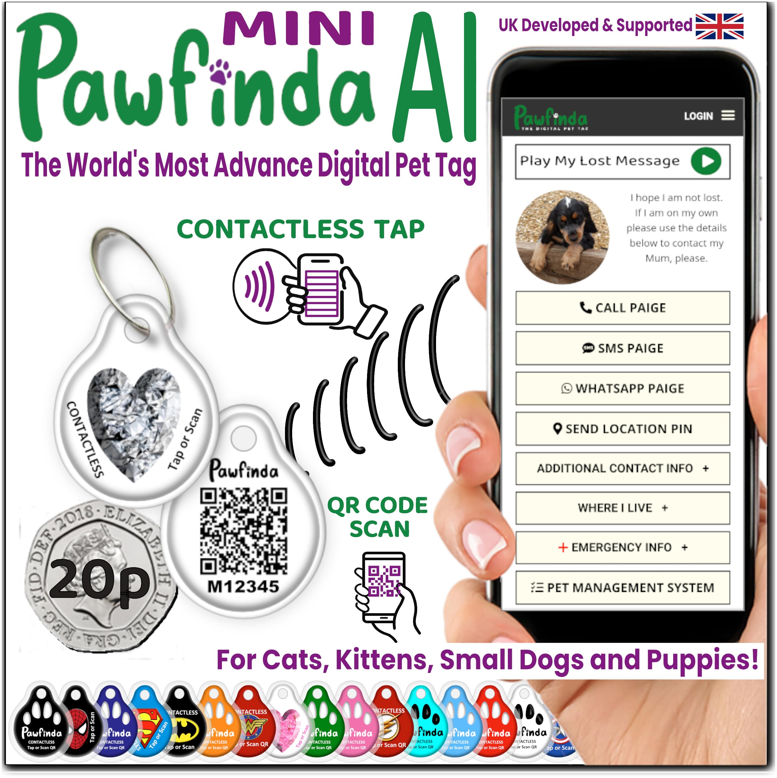 PAWFINDA – Next-Generation Personalised Cat & Dog ID Tag | Engraved Pet Tag with CONTACTLESS NFC, QR Code Technology & PawVoice AI | No App Required | Waterproof & Durable | UK-Based Support