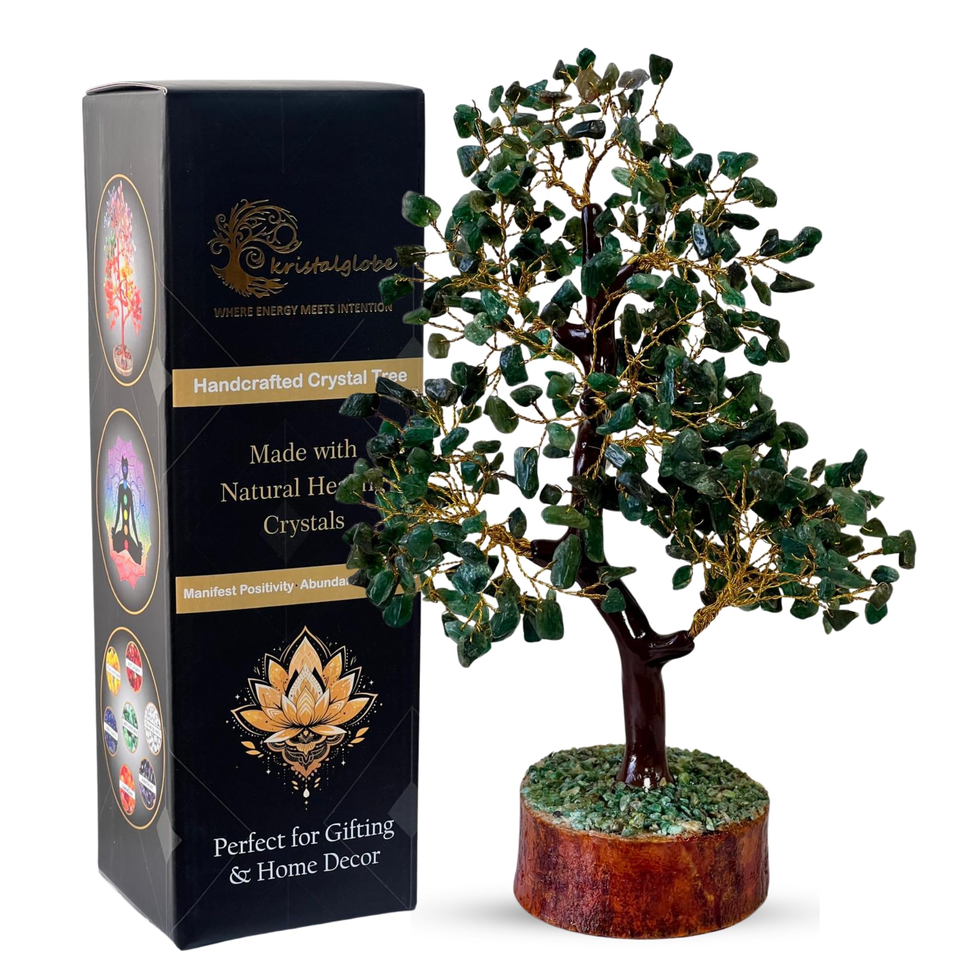 Green Jade Healing Crystal Tree of Life – Handmade Gemstone Bonsai 300 Natural Stones on Golden Wire & Wooden Base – Feng Shui, Reiki & Meditation Décor – Prosperity & Luck Gift for Women, Mum & Home