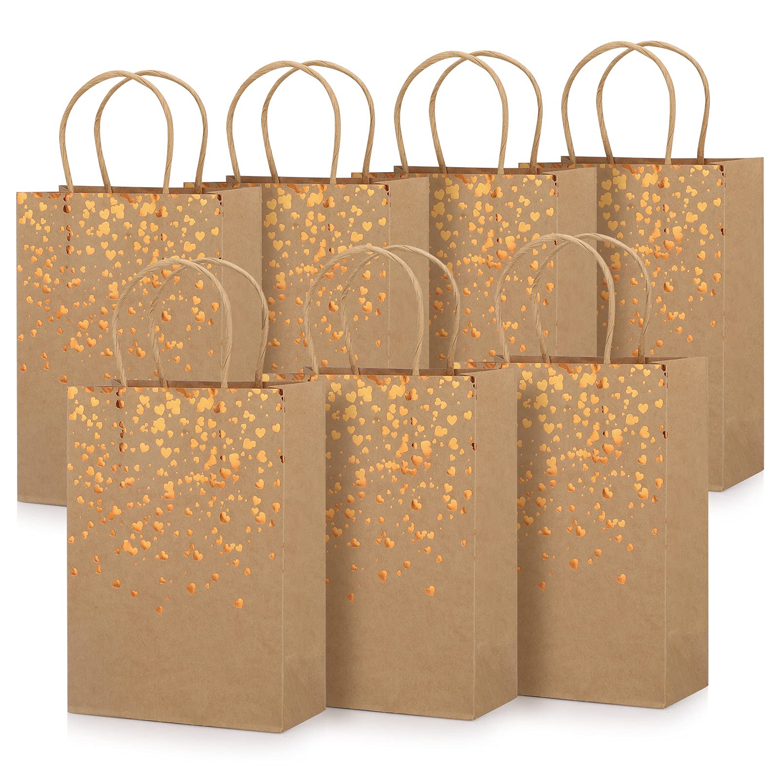 DONQL 7Pcs Bronzing Kraft Gift Bags, 5.9x8.5inch Brown Hen Party Bags With Handles, Cute Heart Pattern for Birthday Wedding Keepsake Celebrations Favors