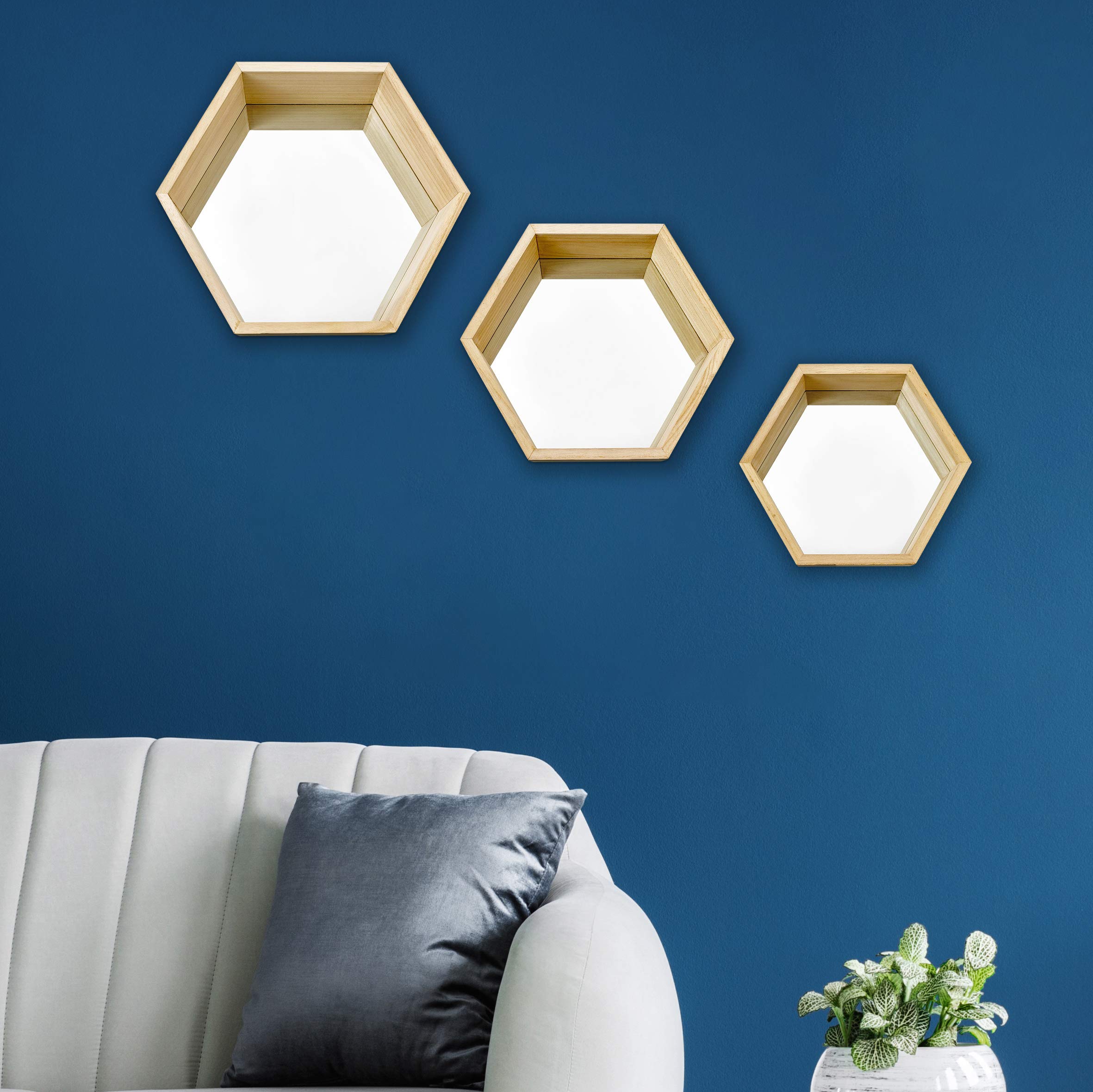 PARNOO Wall Mirror Set of 3 Hexagonal Wood Frame