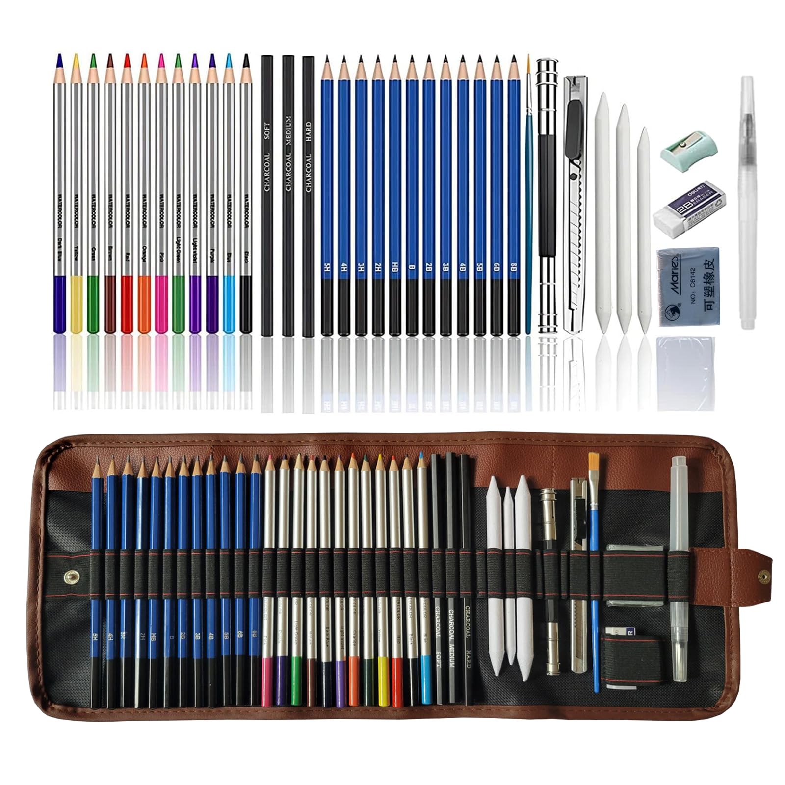 HOTCOLOR Drawing Pencils 38pcs Art Supplies Set Sketching Pencil Set with Graphite Pencils,Watercolor Pencils with Brush,Charcoal Pencils Set for Artists Adults Kids Beginners
