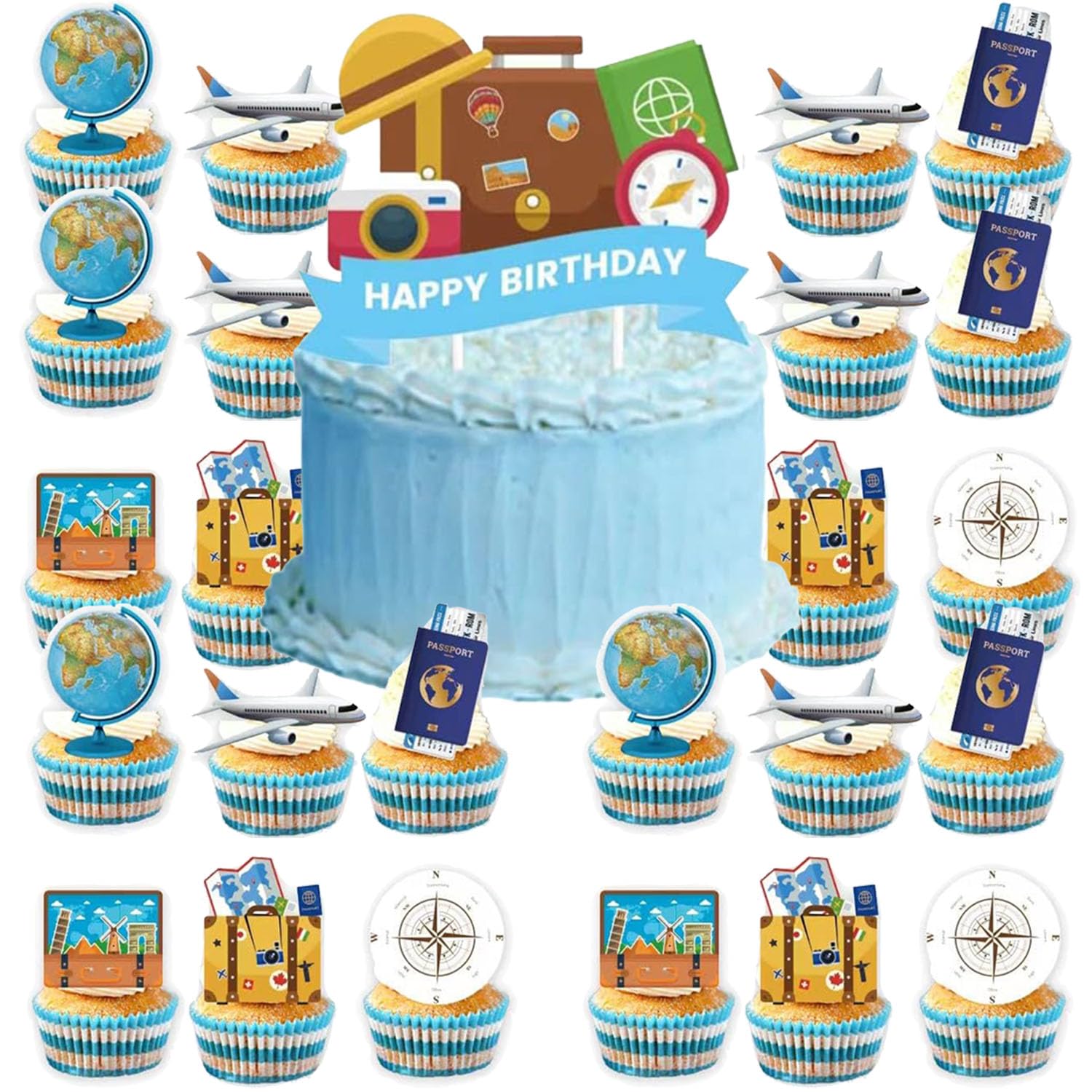 Photo 1 of 25pcs Travel Adventurer Cupcake Topper Picks Travel Party Decoration airplane cupcake toppers Travel Adventurer Party cake Supplies