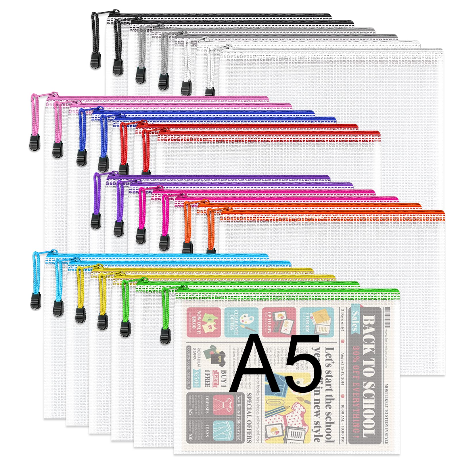 A5 Plastic Zip Folders - 24PCS A5 Mesh Zipper Pouch Plastic Zip Lock Bags Document Wallets File Zipper Bags Travel Storage Pouch for Office Supplies and Travel Accessories