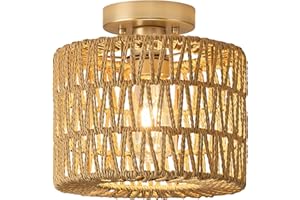 Szohva Rattan Ceiling Light Fixture, Gold Semi Flush Mount Lighting Fixture, Boho Handwoven Round Lighting Fixture Ceiling fo