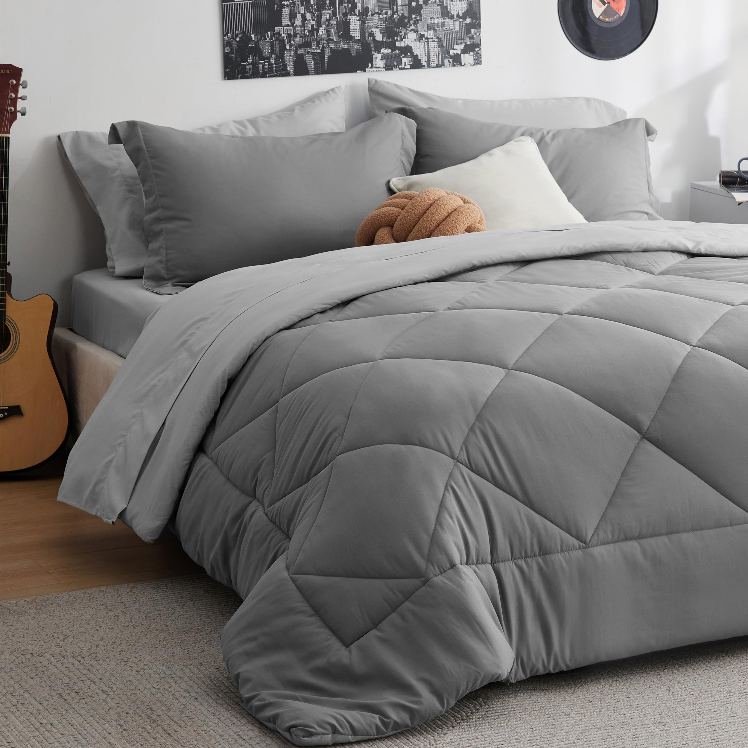 Bedsure Full Size Comforter Set - 7 Pieces Reversible Grey Bedding, Full Size Bed Set for All Seasons, Bed in a Bag with Down Alternative Comforter, Sheets, Pillowcases & Shams