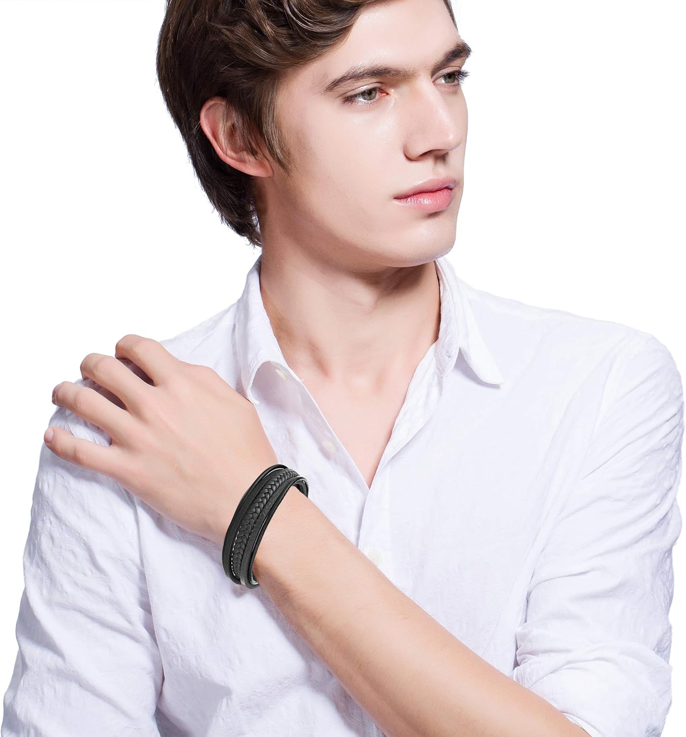 FIBO STEEL Braided leather Bracelets for Men Wrap Leather Bracelet Bangle Cuff (A:Black): Clothing