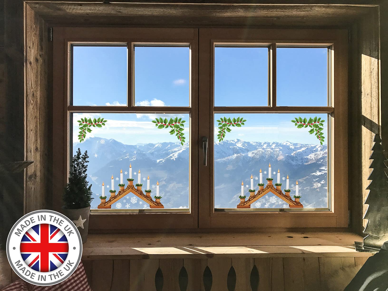 Pack of 2 Christmas Stained Glass Bauble Candle Arch Snowflake Window Stickers Cling (Candle Arch)