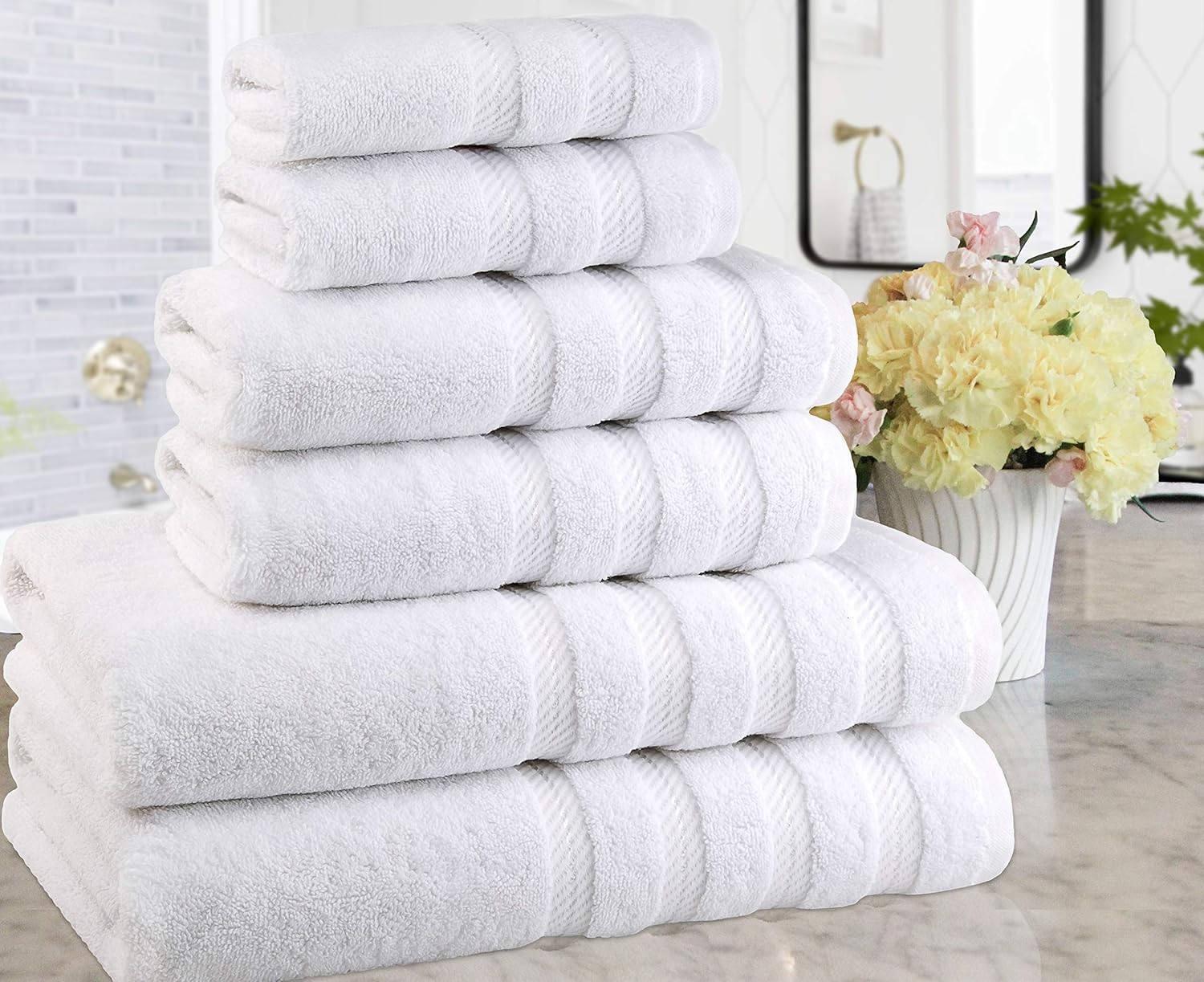 American Soft Linen 6-Piece 100% Turkish Genuine Cotton Premium & Luxury Towel Set for Bathroom & Kitchen, 2 Bath Towels, 2 Hand Towels & 2 Washcloths [Worth $72.95] - Bright White: Home & Kitchen
