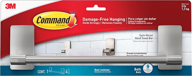 Command Hand Towel Bar Satin Nickel Finish Rust-Resistant Holds 1.3 Kg