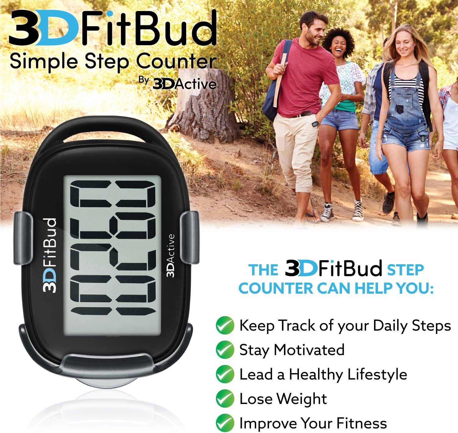 3DFitBud Simple Step Counter Walking 3D Pedometer with Lanyard, A420S (Black with Clip) : Sports & Outdoors
