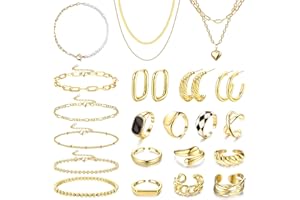 Sanfenly Jewelry Set with 3 PCS Necklaces, 5 PCS Bracelets, 3 Pairs Hoop Earrings, 10 Pcs Chunky Rings Jewelry Pack for Women Valentine Anniversary Birthday Friendship Gift