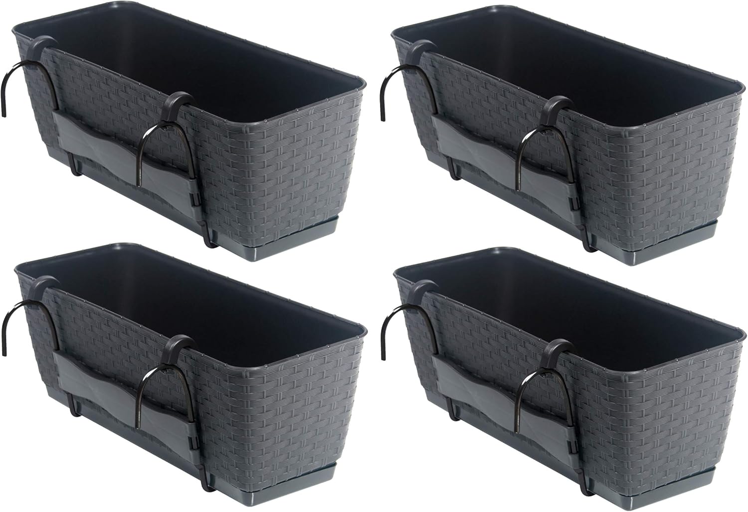 Set aus 4 Balkon Pflanzkästen mit Metallhalterung. Aus Kunststoff im Rattan Design in Anthrazit. Maße jeweils 50 x 17 x 17 cm. Preiswert