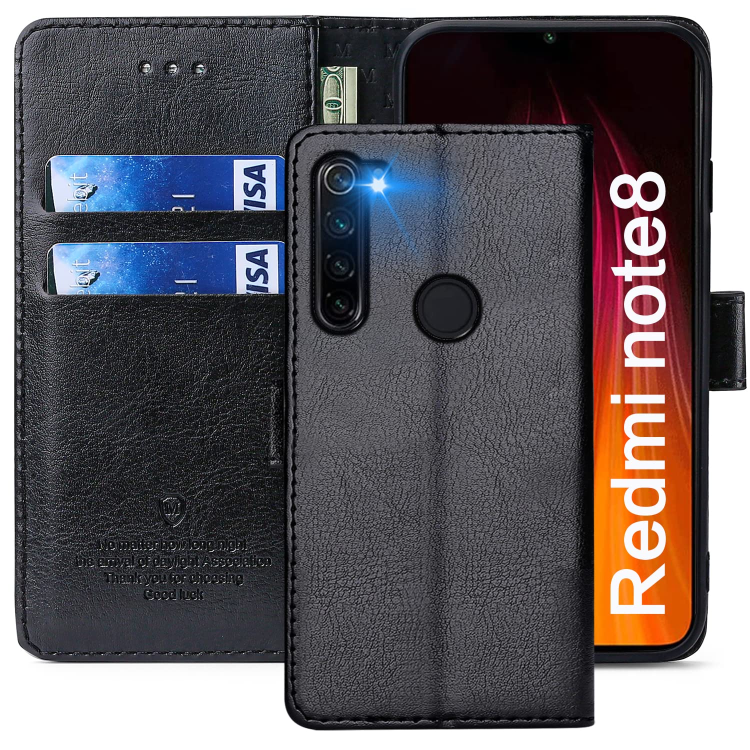 FMPCUON Case For Xiaomi Redmi Note 8,High-grade Leather Flip Wallet Phone Case Cover for Xiaomi Redmi Note 8 Inches [Card Slots] [Kickstand] [Magnetic Closure]-(Black) — image 1