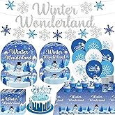 104pcs Winter Wonderland Party Decorations Tableware Set for 20 Guest Include Paper Plates of Two Size,Paper Cups and Napkins,Tablecloth,Banner,Cake Topper,Cupcake Topper,Latex Balloons