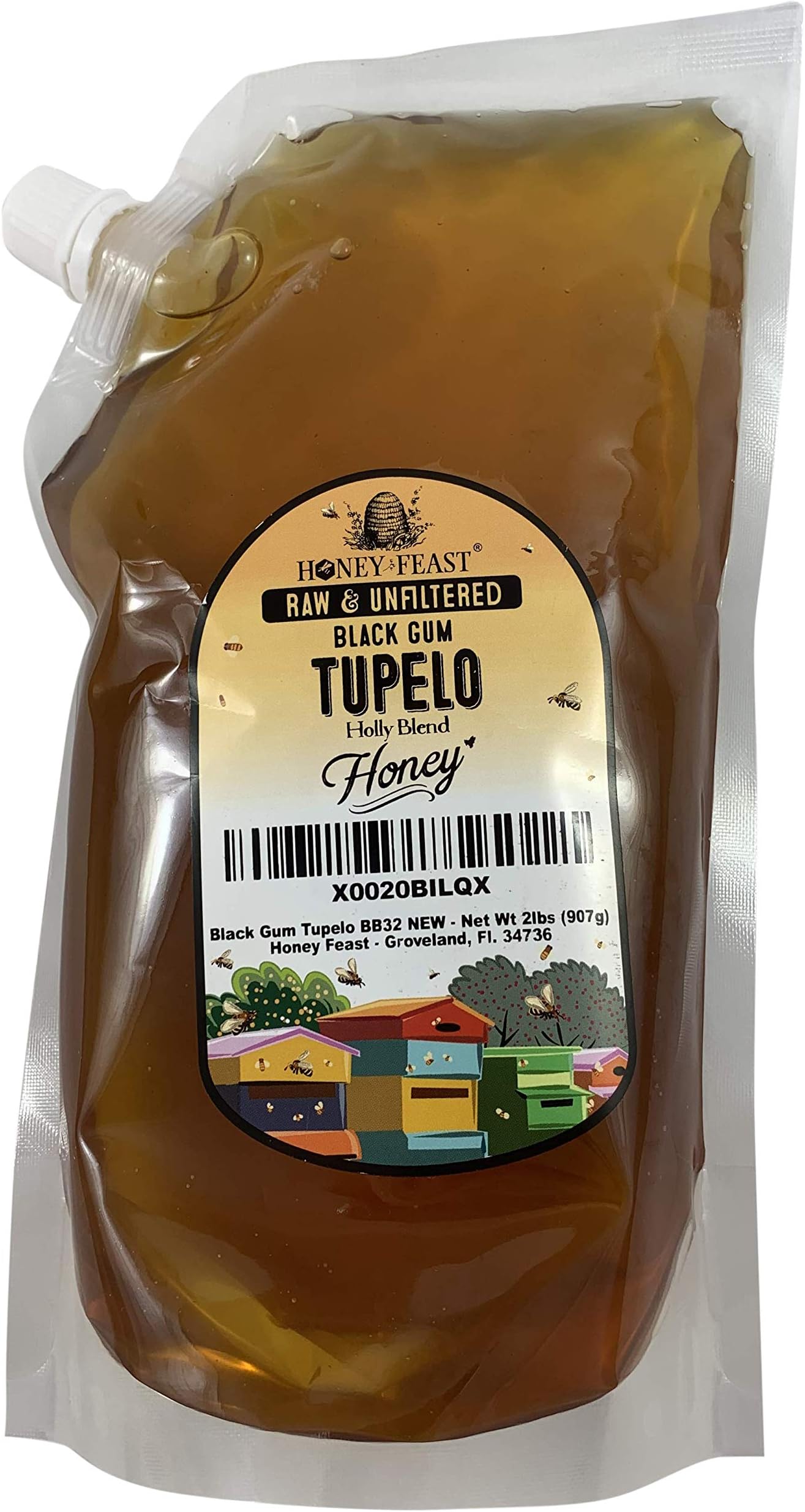 Honey Feast - Raw Black Gum TUPELO Honey | from Organic American floral sources | Unfiltered & Pure Superfood | 2 Pound squeeze bag | Local Honey to Gainesville, Jacksonville, Tallahassee Florida