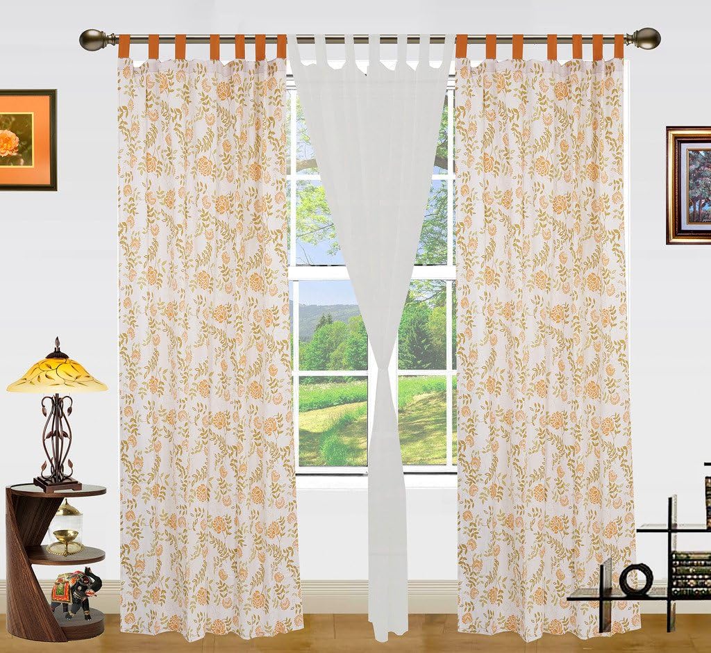 Dekor World 3 Piece Cotton Orange-Floral Printed Loop Curtain Set - 110 cm X 215 cm, Orange White