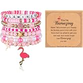 Y1tvei Pink Flamingo Bracelets Set - 8Pcs Pink Soft Pottery Gold Bead Clay Bead Bracelets with Card, Stackable Heishi Jewelry Accessory Decor Set Stylish Flamingo Gifts for Women Birthday Party