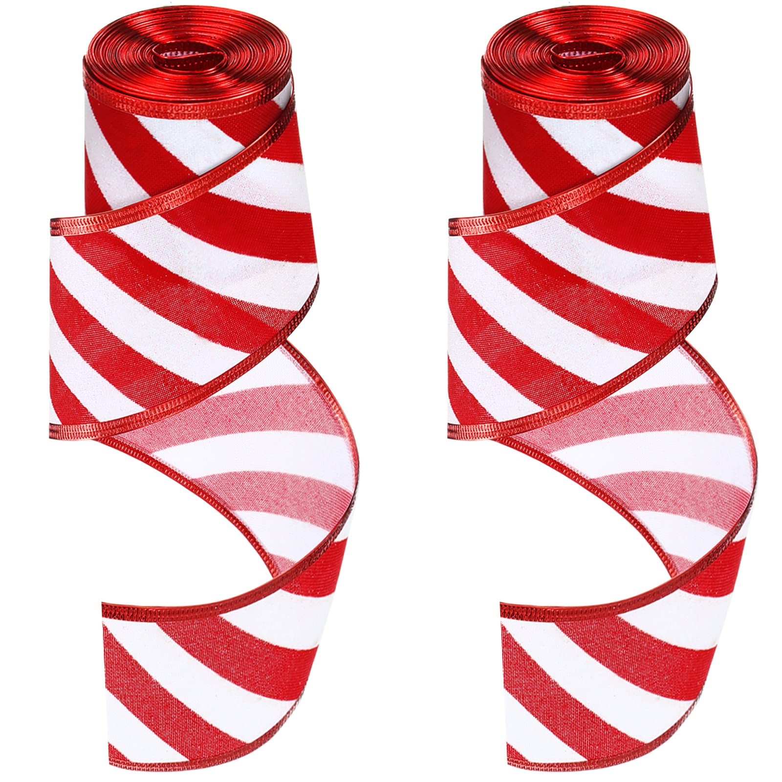 Photo 1 of 2 Rolls 2.5 Inch x 6 Yards Christmas Red and White Ribbon Christmas Candy Cane Wired Edge Ribbons DIY Craft for Xmas Tree Decorations Wreath Bows Making Gift Wrapping(Diagonal Stripes)