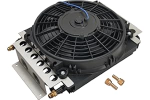 DERALE Fluid Cooler and Fan, 15-3/4 x 11-1/2 x 5 in, Tube Type, 6 AN Male Inlet/Outlet, Fittings, Aluminum/Copper, Black Powder Coat, Universal, Each