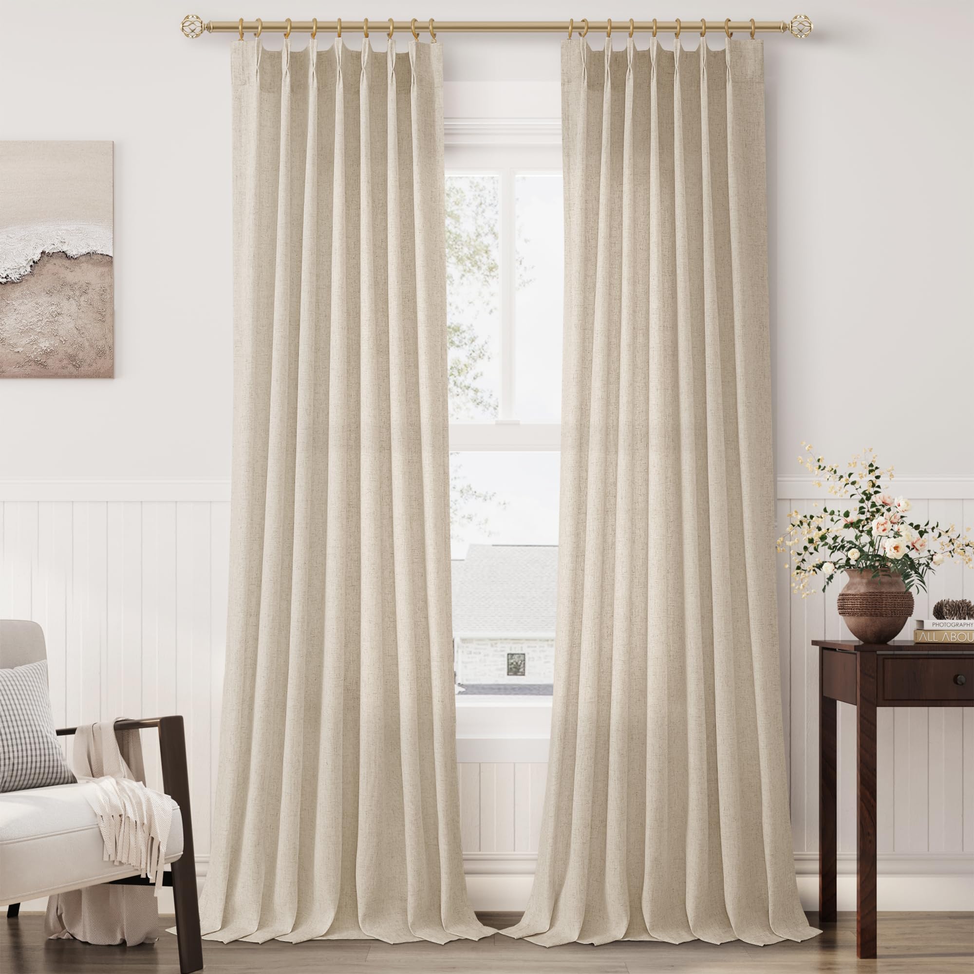 Photo 1 of Greyish Beige Pinch Pleated Linen Curtains 108 Inches long for Living Room 2 Panels Light Filter Taupe Pleat Drapes Back Tab Farmhouse Boho Ceiling to Floor 108 Inch Curtains for Bedroom Window 9 FT