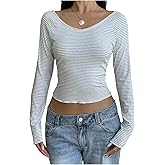 RoseSeek Girl's Striped Long Sleeve T Shirts V Neck Fitted Classic Crop Tops Casual Fall Tee Shirt