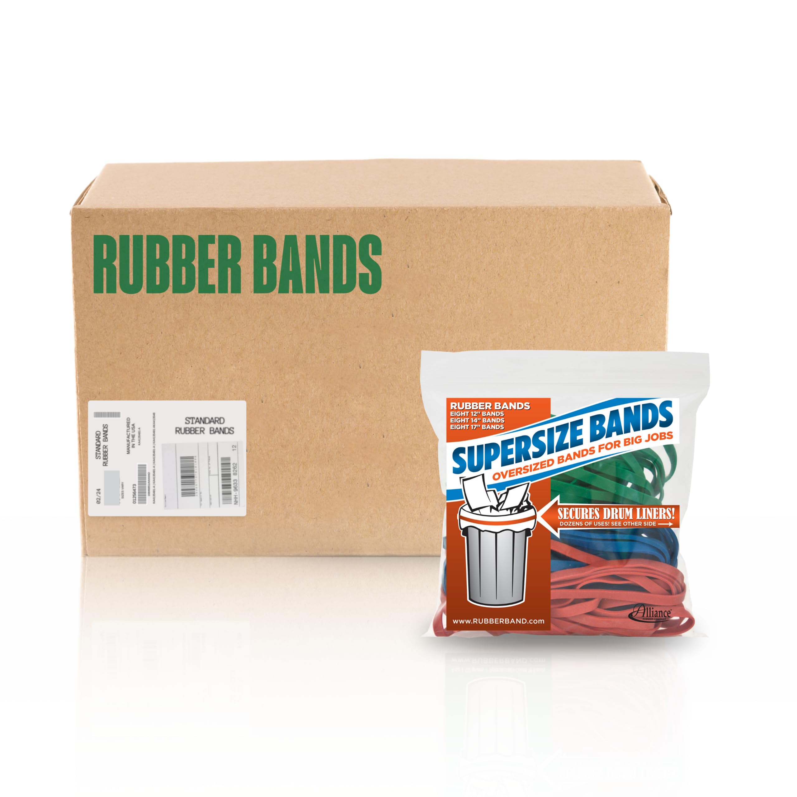 Alliance SuperSize Bands, 12", 14", 17" Oversized Rubber Bands, 10 Pack Case (Contains 10 Resealable Bags - 24 Bands per Bag), Red, Green, Blue (08997CS) Image