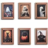 Halloween Fridge Magnets Cute Ghost with Black Cat 3D Wood Magnet Art Frame Designs Decorations for Refrigerator Garage Door or Kitchen Removable Indoor Outdoor Magnetic Decals 6Pcs