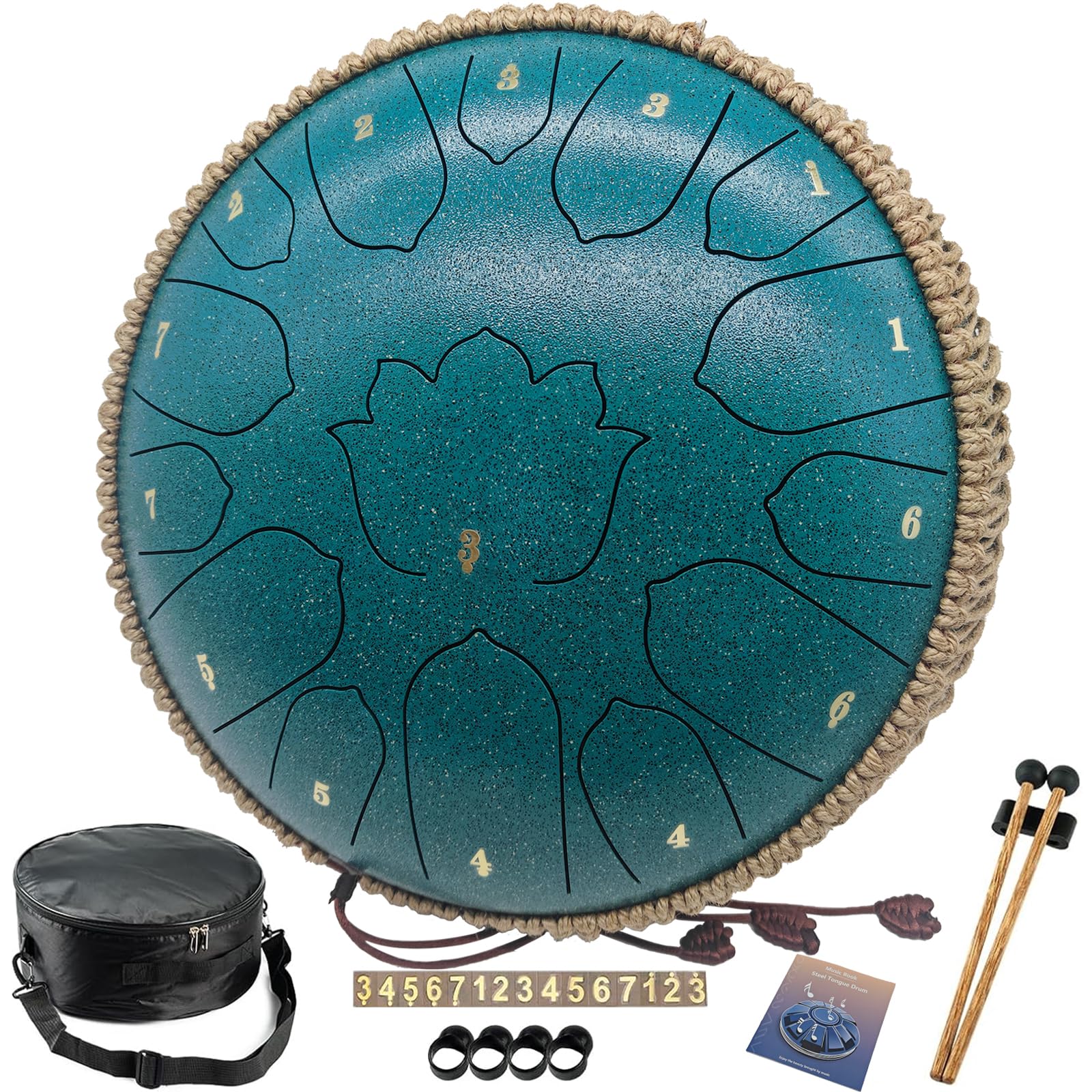 Photo 1 of BETESINE 13-Inch 15-Note Steel Tongue Drum – C Major – Handpan Steel Drum for Meditation, Yoga & Relaxation – Includes Mallets, Music Book & Carry Bag (Malachite Green)