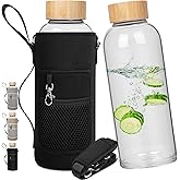 Ferexer 48 oz Sports Borosilicate Glass Water Bottle with Bamboo Lid with Neoprene Sleeve