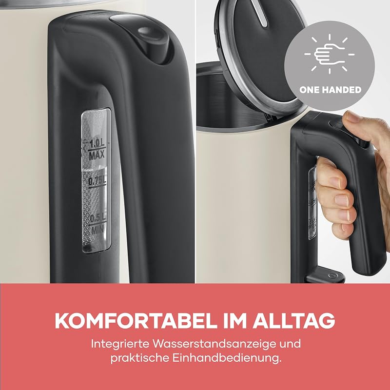 elektrischer Wasserkocher, 1L, mit herausnehmbaren Kalkfilter, XXL-Öffnung, Leuchtanzeige, 360°-Basis, Schnelles Aufkochen, 2.400 W, Wasserstandsanzeige, Edelstahl, dusty beige, WK 9577