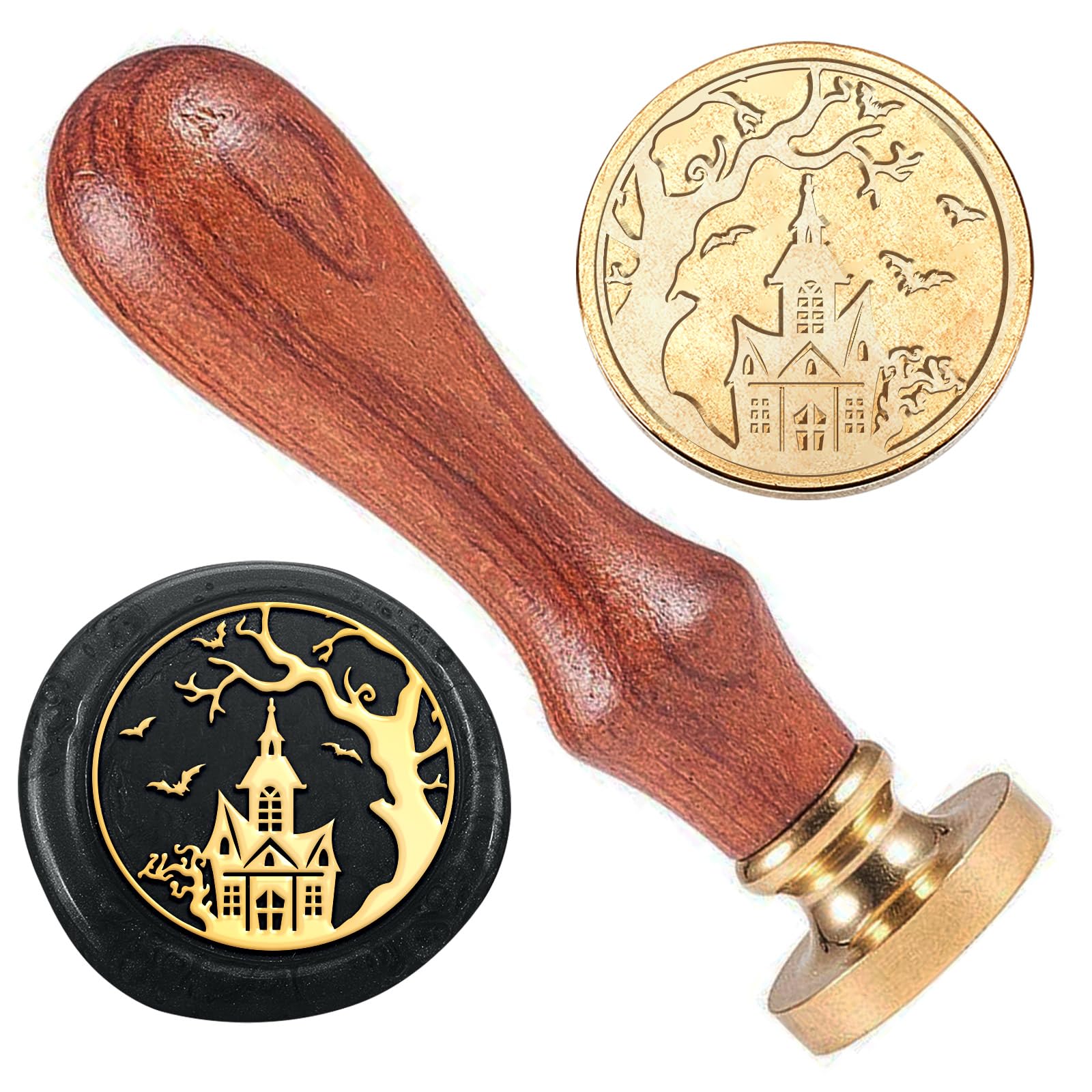 DELORIGIN Halloween Haunted House Wax Sealing Stamp, 1" Brass Wax Seal Stamp Head with Wooden Handle Castle Wax Stamp for Invitation Gift Wrapping Envelopes Wine Package Decoration