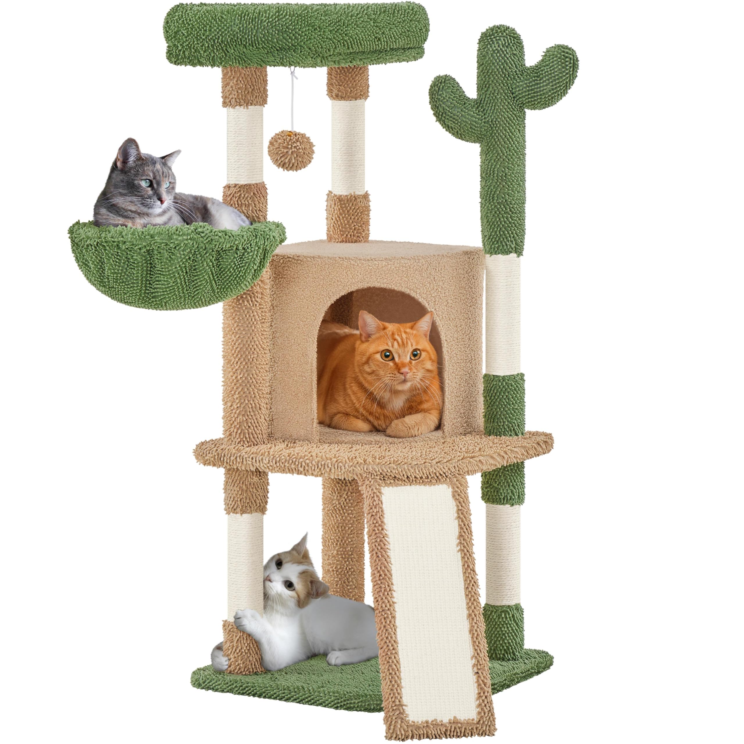 Yaheetech Cactus Cat Tree, 42in Cat Tower for Indoor Cats, Multi Level Kitten Condo Scratching Post, Pet Activity Center Furniture w/Ball, Plush Perch, Platform, Basket, Brown/Green Image