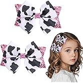 2Pcs Moo Cow Print Hair Bows, Cute Cow Hair Bow Clips, Pink Sequins Ribbon Alligator Clips Farm Animal Themed Accessories for Toddlers Baby Little Girls Kids Teens Women, Kids' Birthday Party Decor